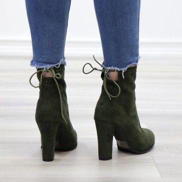 Round Toe Olive Suede Ankle Heeled Boots, Booties - Picture 12 of 12